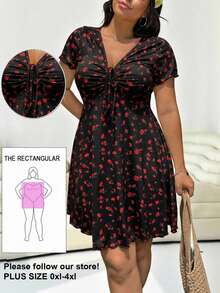 Solflare Plus Size Women's Black Ditsy Floral Casual Front Tie Short Sleeve Dress - Black - View 1