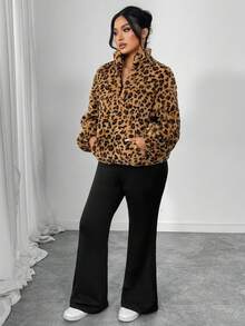 Elenzga Women's Plus Size Leopard Print Jacket + Simple Flare Pants 2 Piece Set, Suitable For Casual Outings, Long Sleeve, Autumn/Winter - Multicolor - View 1