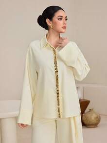 Graceveil Ensemble 2 pièces femme composé d'une chemise à manches longues à boutons avec patchs pailletés et épaules tombantes, et d'un pantalon large