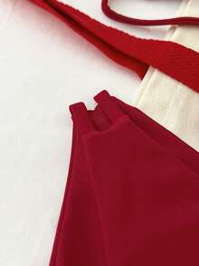 少女三件套纯红色休闲沙滩度假针织比基尼套装，夏季沙滩鞭形露背吊带三角比基尼套装，夏季沙滩泳装