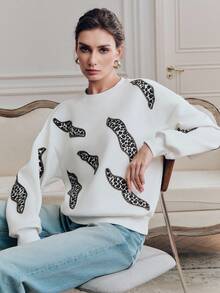 Anewsta Women's Modern Street Style Energetic Leopard Print Beaded Crew Neck Pullover Sweatshirt, Spring - Apricot - View 2