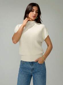 SHEIN Tall 女士休闲纯色简约立领短袖毛衣 - 杏色 - 查看 3