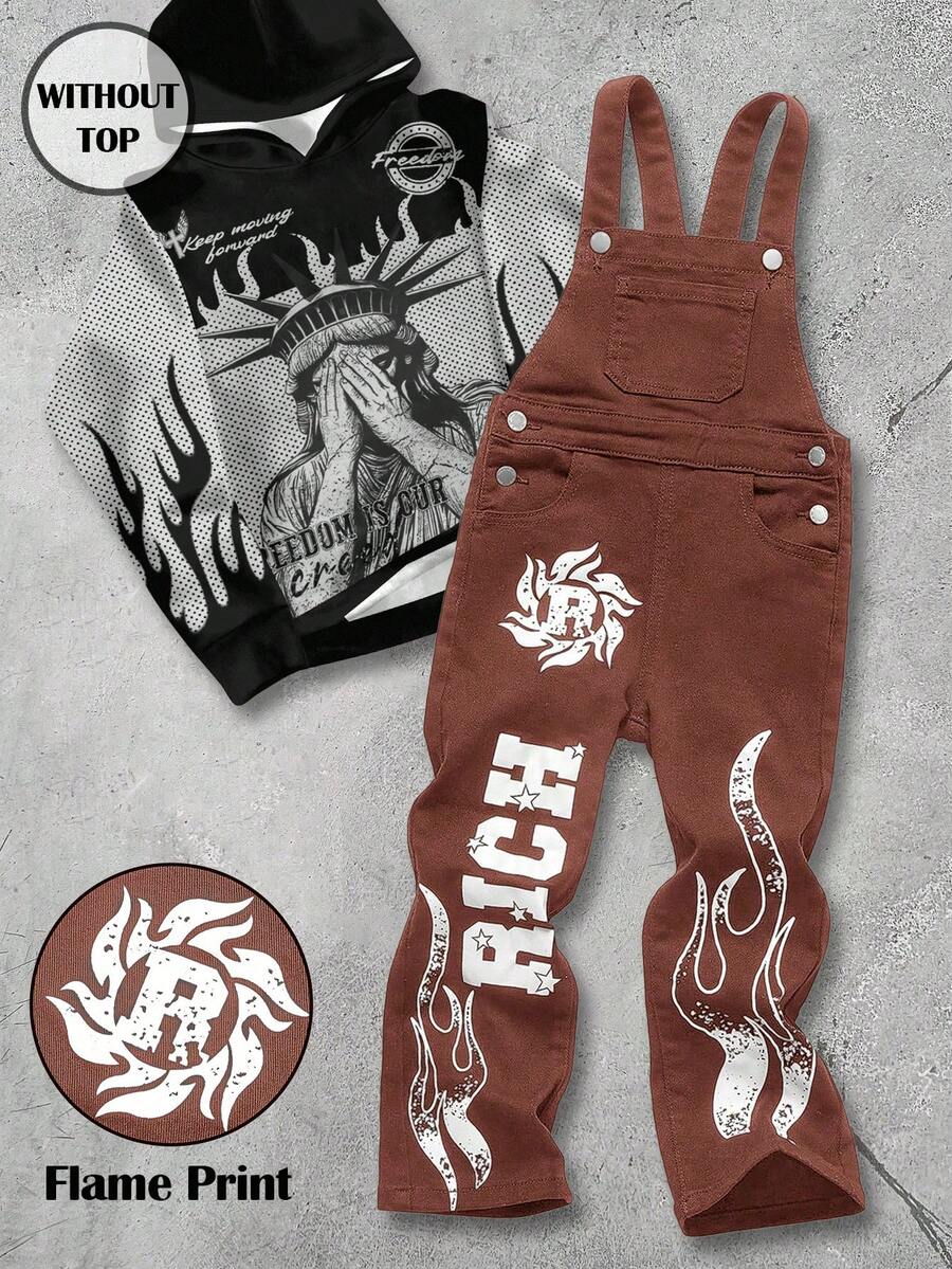 Young Boy Letter Print Pocket Casual Versatile Daily Wear Denim Bib Pants - Rust Brown - View 1