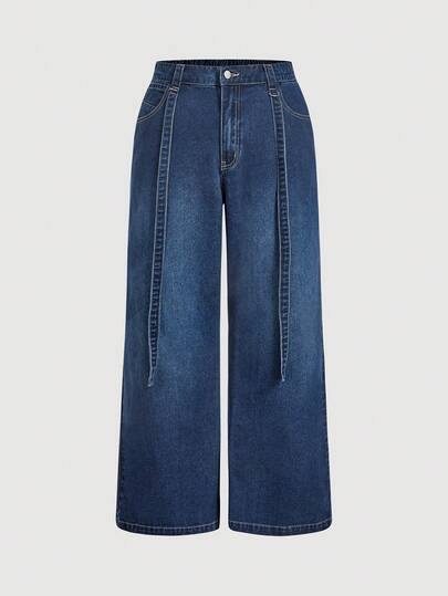 Sweetra Jeans anchos de talle alto con bolsillos, de ajuste holgado y versátiles para mujer talla grande