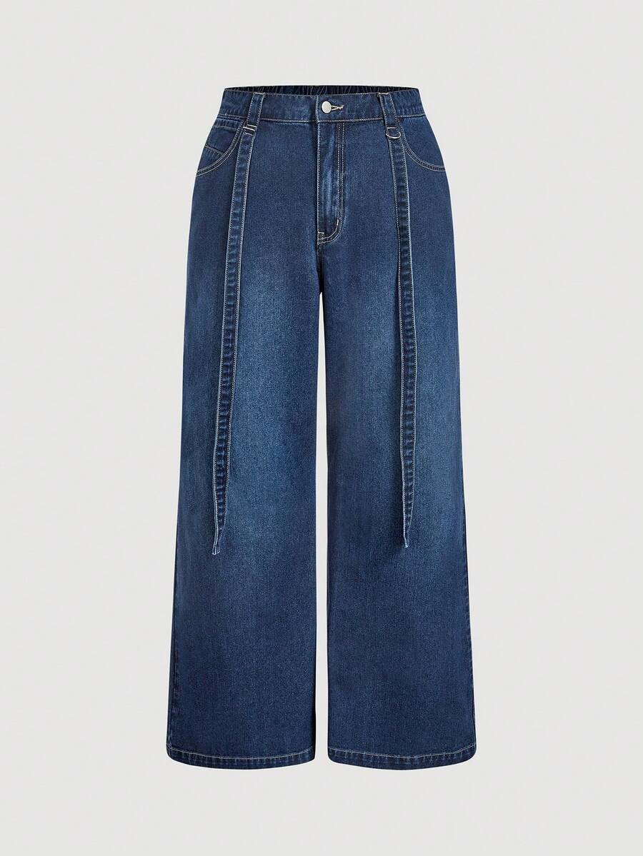 Sweetra 大码女式春季休闲宽松口袋阔腿牛仔裤，百搭 - 深色水洗藍 - 查看 1