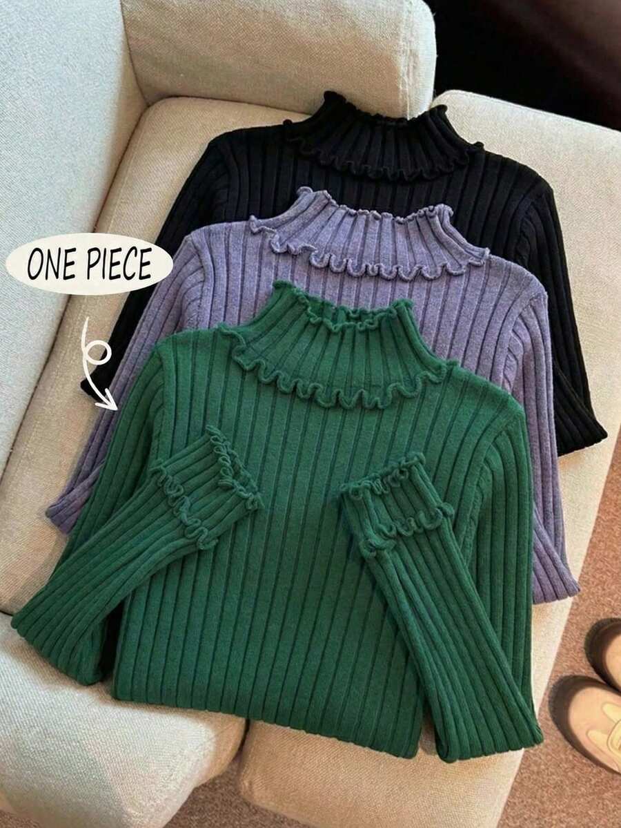 SHEIN LUNE 优雅罗纹针织毛衣,饰有荷叶边,长袖 - 墨綠色 - 查看 1
