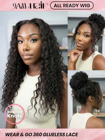 ALL READY WIG 隐形抽绳水波纹360°蕾丝前额无胶假发，漂白发结，佩戴方便，预先拔毛发际线，180%密度，14-16英寸波波头，18-26英寸自然色，未经加工的处女发，圣诞节假发，日常佩戴，快速发货，度假旅行礼物，女士之选
