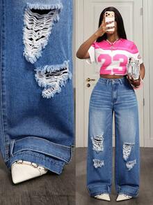 Slaydiva Women's Pocket Button Distressed Design Casual Versatile Commuting Flare Leg Jeans - Medium Wash - View 1