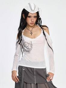 ROMWE Grunge Punk Spring/SummercasualAnchor Chain Print Rhinestone Embellished Off-Shoulder Bodycon T-Shirt - White - View 6