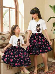 رمضان مجموعة تنورة مطبوعة رقميًا وبلوزة كاجوال بأكمام قصيرة مطبوعة بطبعة زهرية وحرف، مناسبة للخروجات والمدرسة والتنقل - أبيض - مشاهدة 1