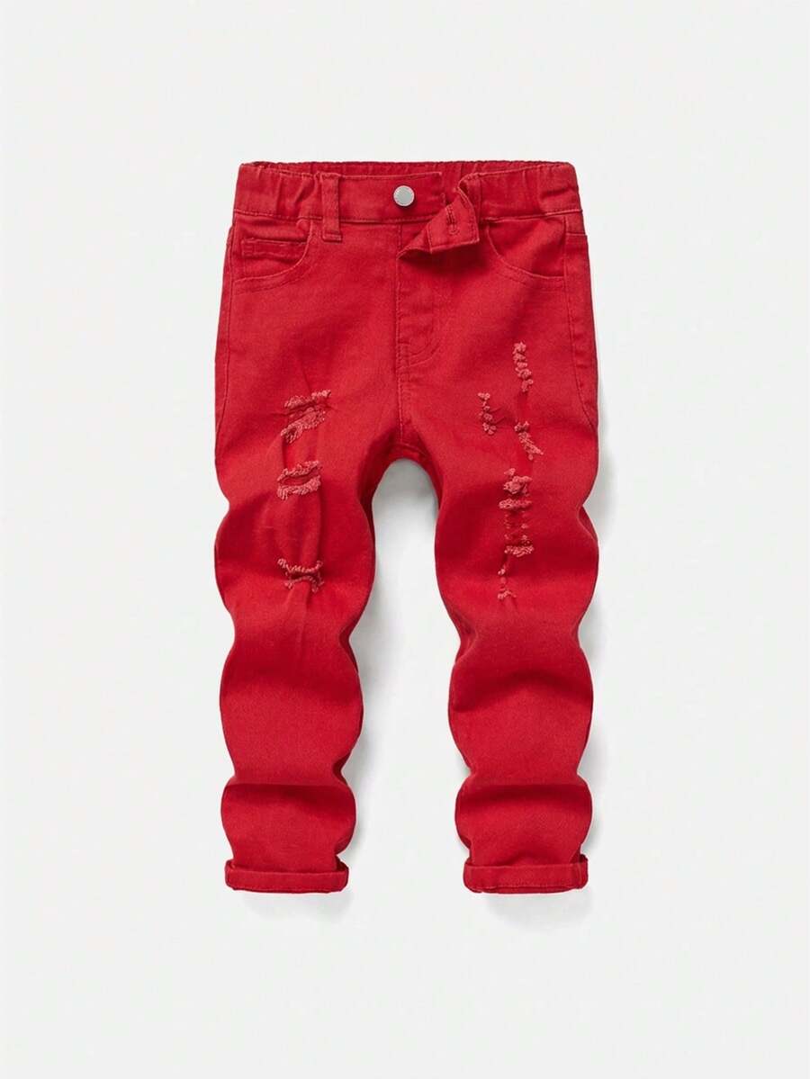 SHEIN 男童做旧修身牛仔裤 - 紅色 - 查看 1