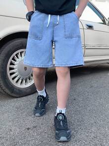 SHEIN Tween Boy Fashion Homecoming Streetwear Mix And Match Versatile Design Vintage Cool Street Drawstring Design All-Elastic Waistband Blue Loose-Fitting Denim Shorts For Dailywear And Spring To Summer Rave Festival And Streetwear Summer Shorts Jeans Short Baggy Jeans - Blue - View 6