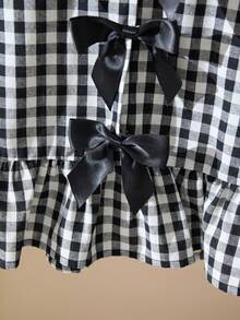 SHEIN 少女春夏休闲度假风黑白格纹撞色蝴蝶结荷叶边V领开衫上衣和直筒裤两件套 - 黑色 - 查看 7