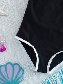 SHEIN 女婴可爱黑色镂空花朵装饰无袖连体泳衣，夏季 - 彩色 - 查看 3