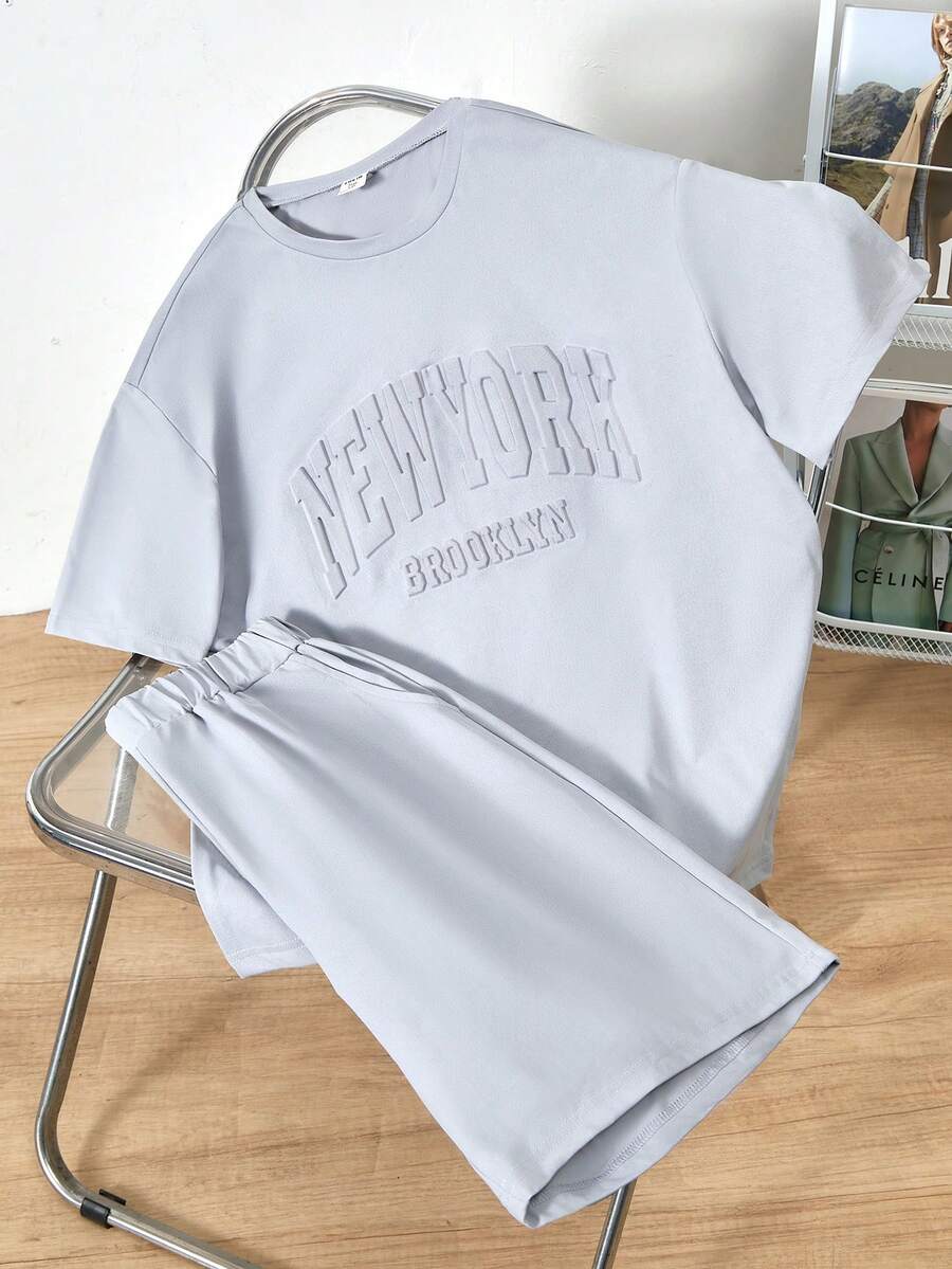 Mirajuku 2pcs Teenage Boys' Turquoise Casual Vacation Fashion Sports Short Sleeve T-Shirt And Shorts Set, 3D Letter Print Minimalist Sports Outfit, Summer - Grey - View 1