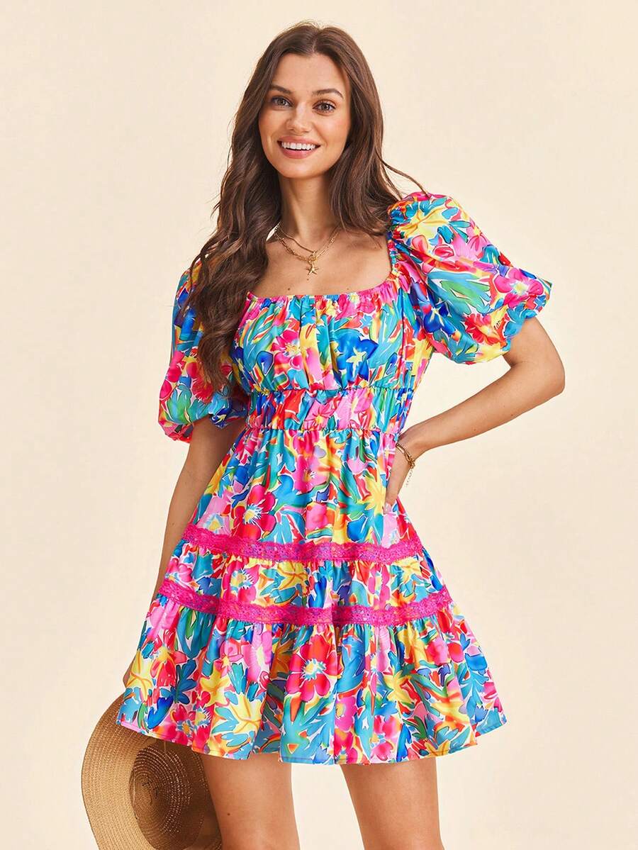 Coeurva 春夏度假风梭织印花短袖方领女式迷你连衣裙 - 彩色 - 查看 1