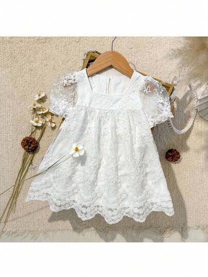 Loomiva 女婴纯色休闲百搭方领泡泡袖收腰连衣裙