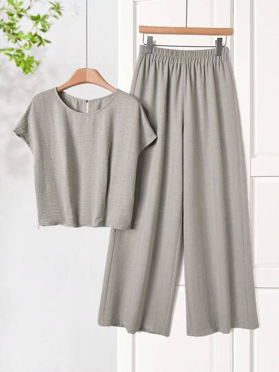 Rusticease Women's Solid Color Round Neck Short Sleeve Top And Elastic Waist Wide Leg Pants Casual Outfit Co Ords Sets Women 2 Piece Casual Set Grey Two Piece Set Comfortable Two Piece Set Summer Pants Sets