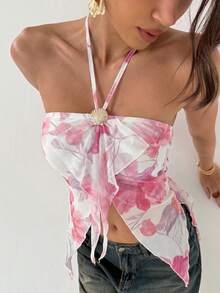 Aloruh 女士休闲印花露背上衣 - 粉色 - 查看 5