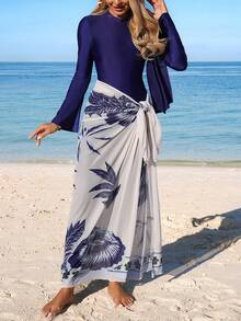 Swim Mulvari Bộ đồ bơi Burkini tay loe 3 món dành cho nữ đi biển - Màu xanh hải quân - Xem 7