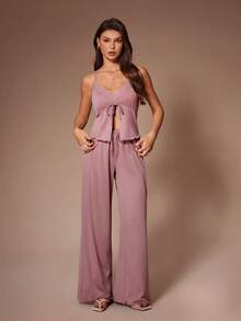 SHEIN Sexy Lace Patchwork V-Neck Cinching Waist Backless Tie Camisole And Pants Pajama Set - Dusty Pink - View 3