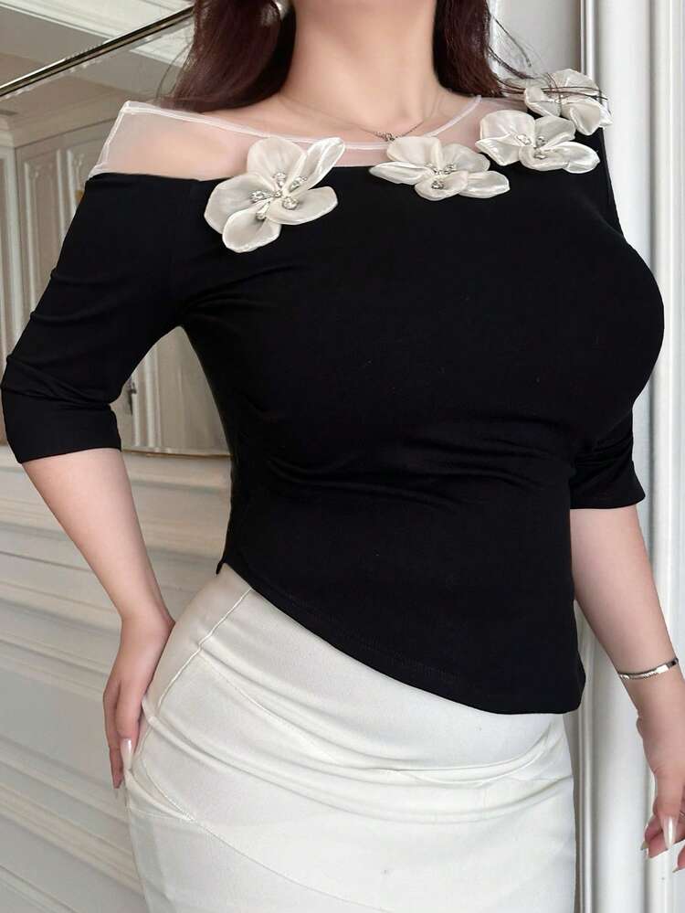 Contrast Color Block 3D Floral Decor Asymmetric Neck Fitted Cropped Sexy Black T-Shirt Off The Shoulder