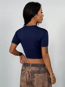 StreetHx Streetwear Women's Letter Print Fitted Short Sleeve Shirt, Spring/Summer - Navy Blue - View 2