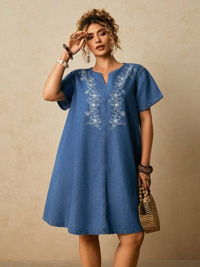 Travachic Plus Size Floral Print Denim Casual Dress