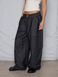 COUREZ 低腰中筒牛仔裤，采用原色牛仔布，带有工装缝线细节 / Y2K 夏季女式街头服饰外出棉质宽松牛仔裤 - 深色水洗藍 - 查看 3