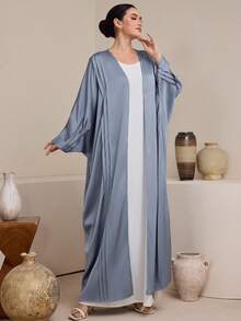 Graceveil Robe élégante et digne avec des bretelles croisées, un design drapé plissé à double couche. Décoration plissée en tissu satin doux et confortable. Abaya ample de style arabe - Bleu azur - Voir 7