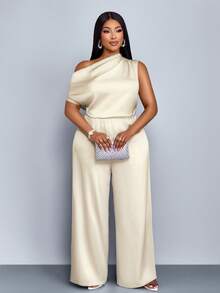 SHEIN PETITE CURVE 大码女式时尚通勤纯色优雅日常旅行宽松休闲简约杏色轻薄缎面不对称领口褶皱短袖阔腿连体裤，适合返校季、毕业季、新年、跨年夜、秋季、春季、夏季、约会、生日派对等场合。 - 杏色 - 查看 7