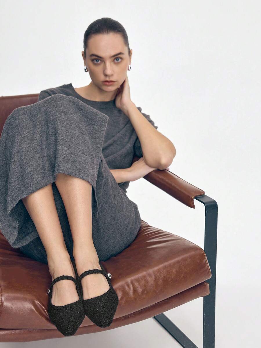 Mnmlis 女士新款灰色法式低跟尖头简约时尚羊毛玛丽珍鞋 - 夜黑 - 查看 1