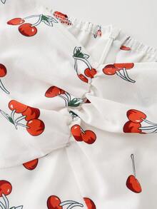 Olithes 女士樱桃印花甜心领短泡泡袖时尚连衣裙 - 杏色 - 查看 5