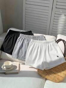 3 pièces Short décontracté pour adolescente avec taille à cordon de serrage, décoration de logo brodé en couleur contrastée, polyvalent et adapté pour l'été, les activités de plein air et la fitness. Coupe ample. - Multicolore - Voir 10