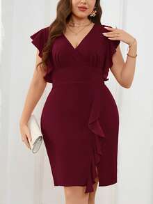 SHEIN Privé 大码女士优雅荷叶边V领开衩连衣裙，红色，适合浪漫约会、聚会、日常穿着、春夏派对 - 酒紅色 - 查看 6