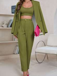 Aveloria Modichic Solid Color Long Sleeve Blazers With Pockets  - Green - View 4