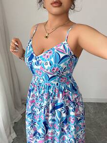 SHEIN Elenzya 女士大码梭织印花优雅吊带连衣裙 - 藍色 - 查看 4