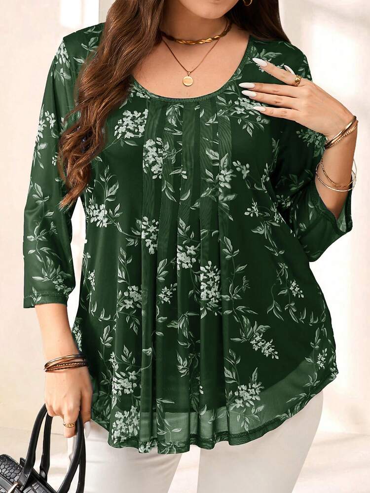 Plus Size Women's Summer Casual Vacation Navy Floral Print 3/4 Sleeve Blouse Top,Summer,Green Blouses For Women,Spring Break,Vacation,Holiday,Going Out,2026 New,Simple And Fashionable For Everyday Wear
