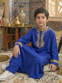 SHEIN Tween Boy Festival Jellabiya, Traditional Arab Clothing, Robe Dress Boys Casual Comfortable Cardigan Long Sleeve Shirt And Pants Tracksuit Set Blue Shirt Set Basic Top, Suitable For Spring/Summer, Outings, Valentine's Day, Dates, Travel, Vacation, Family Gatherings, Back To School, Wedding Season, Formal Dinners, Birthday Parties - Blue - View 2