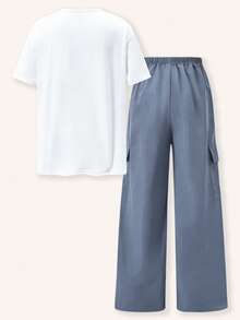 SHEIN 2pcs/Set Teenage Girls Casual Fashion Cartoon Girl Graphic Round Neck Short Sleeve Top And Cargo Pants Set - Dusty Blue - View 4