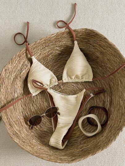 Swim Mod 2026 Spring/Summer Spaghetti Strap Solid Color Sweet Cute Floral Decor Side High Cut 2 Pieces Bikini Set