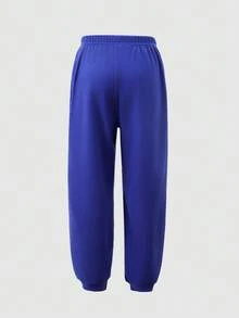 SHEIN Casuvi Kids 2pcs/Set Tween BoysSummer Outfit, Tween Boys Waffle Texture 2-Piece Set, Top Is A Casual Navy Blue Hooded Short Sleeve Sports T-Shirt With White Knit Fabric On Sleeves And Print, Bottom Is A Waffle Texture Sports Style Long Pants With White Graphic Print, Casual Sports Style Outfit Suitable For Daily Wear, Sports, Vacation, Holidays - Royal Blue - View 6