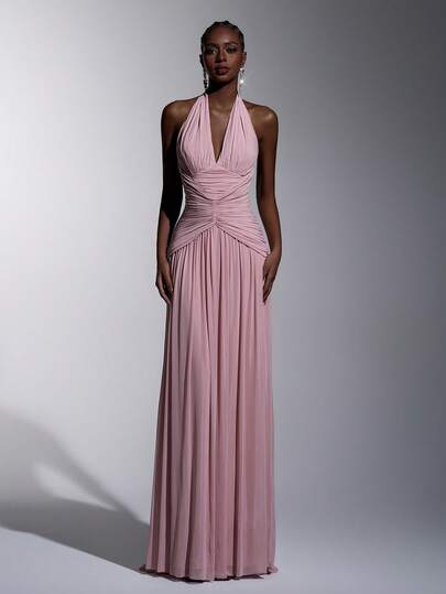 Elitara Elegant, Romantic, Fashionable Orange Elastic Mesh Halter Neck Ruched Decor A-Line Dress, Graceful Party Dress, Wedding Guest Dress, Orange Dress, Fashionable & Elegant Bridesmaid Dress