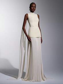 Elitara Đầm dự tiệc thanh lịch, lãng mạn, thời trang màu mơ, chất liệu chiffon co giãn, phối nhiều mảnh vải, xếp ly ở gấu váy, cổ thuyền, thích hợp cho khách dự đám cưới, đi nghỉ mát hoặc làm phù dâu. - Màu be - Xem 6