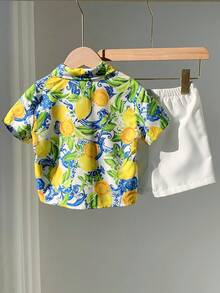 SHEIN 2pcs/Set Baby Boy Summer Casual Beach Holiday Cute Lemon Print Short Sleeve Shirt & Elastic Waist Shorts Set, Summer Vacation Outfit Boy Vacation Outfit Sets Baby Boy Beach Shirts Baby Hawaiian Shirt Toddler Boy Tropical Outfit Boy Summer Outfit Set - Multicolor - View 2