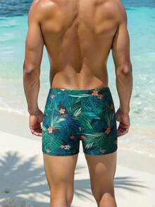 Manfinity Swimmode Men's Tropical Plant Print Elastic Waist Beach/Pool Swim Trunks  Men Swim Trunks Board Shorts With Compression Liner Bathing Suit Quick Dry  ,Hawaiian - Green - View 2