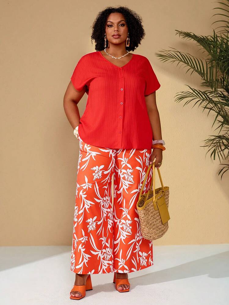 Plus Size Women's Summer Casual Vacation Orange Floral Print Wide Leg Casual Pants With Pocket, Spring/Resort For Summer/ Vacation, Summer Holiday, Spring Breaks , Vacations Women , Holidays For Women, Going Out, 2026 New , Simple And Fashionable For Everyday Wear, Women Vacation , Orange Beach Pants, Floral Print Pants, Orange Pants, Suitable For Summer, Vacation, Commute, Daily Wear