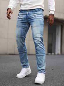 Manfinity Homme Men's Pocket Button Casual Versatile Commuting Denim Jeans - Medium Wash - View 5