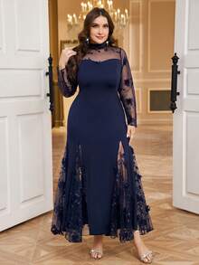 SHEIN Clasi 大码女式优雅花卉装饰网纱拼接高领长袖连衣裙 - 藏蓝色 - 查看 7