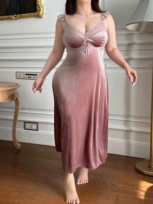 Dazy Plus Elegant Contrast Lace Elastic Fitted Long Sleeveless Nightgown, Spring/Summer - Mauve Purple - View 4